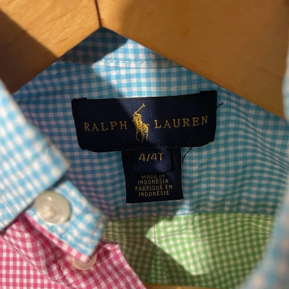 Ralph Lauren Boys Shirt Multicolor Color Block Checked Pony Button 4T
